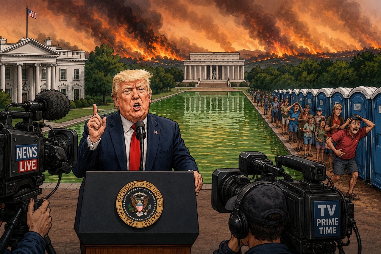 Editorial cartoon depicting American television airwaves overwhelmed by coverage of an explosive diarrhea outbreak