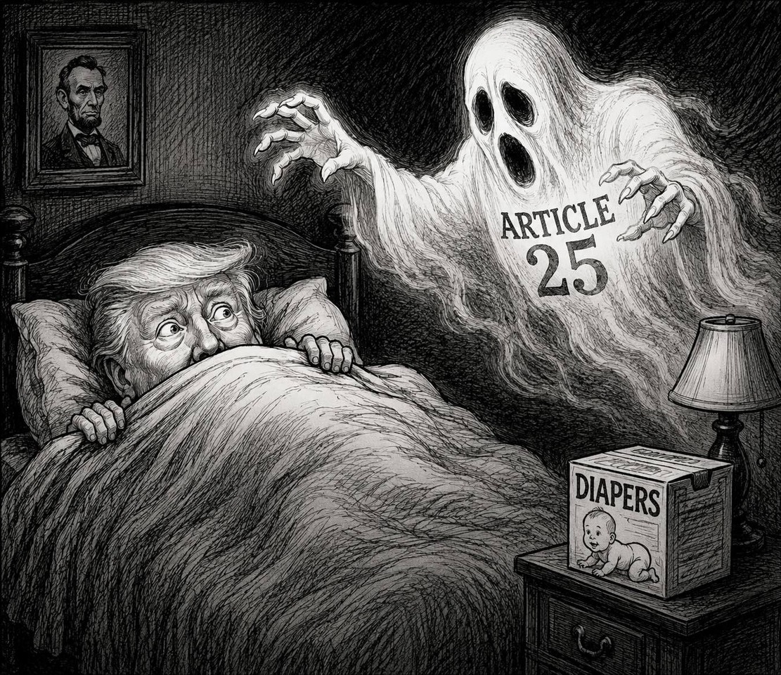 Editorial cartoon depicting President Donald Trump in bed as the spectre of the Twenty-fifth Amendment hovers nearby, symbolizing questions about his fitness for office
