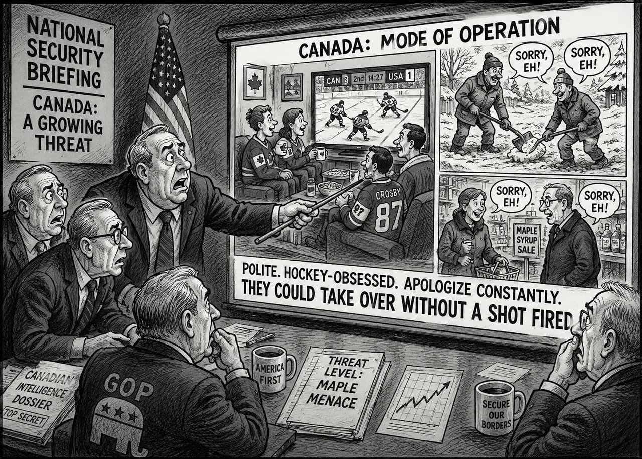 Editorial cartoon titled The Canadians are coming, the Canadians are coming!